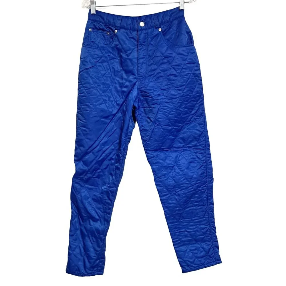 Vtg 80s Mellow Yellow Quilted Pants‎ Ski Snow Winter Womens T3 Blue - Picture 5 of 9